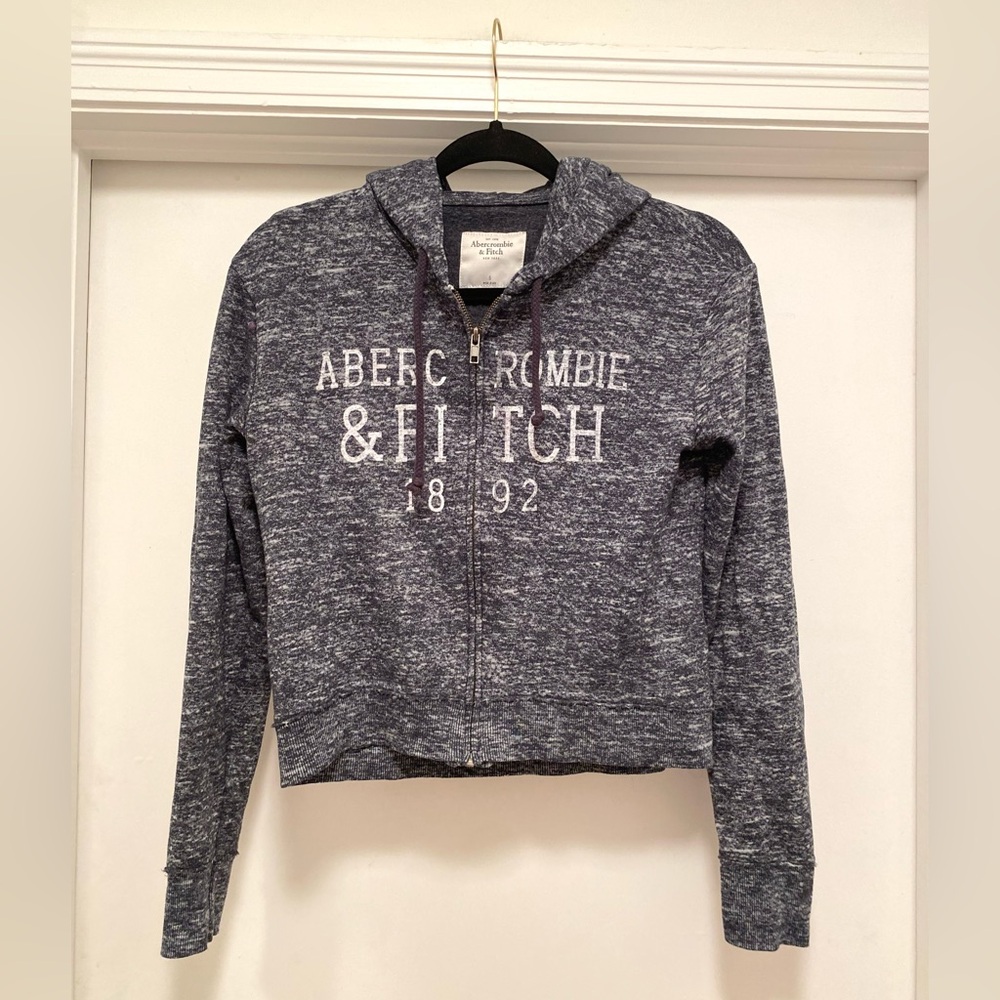 ABERCROMBIE & FITCH Logo Zip Up Hoodie size Small Grey Cropped lightweight